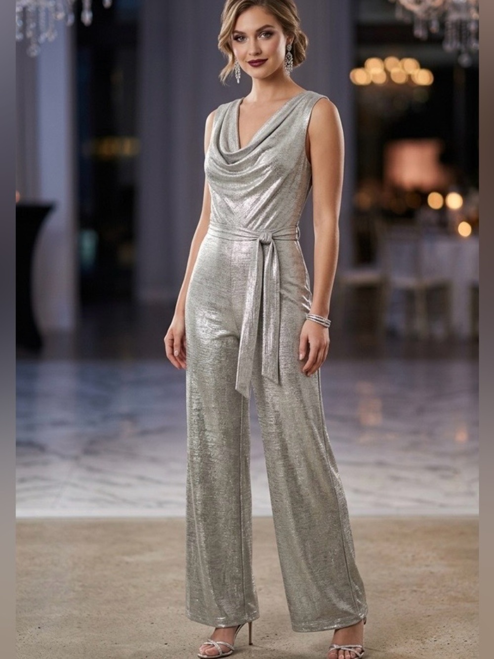 New Roz & Ali Dressbarn Metallic Wide Leg Stretch Jersey Jumpsuit Size 16 Party